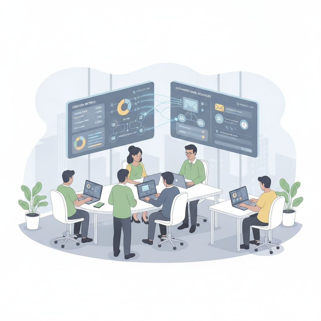 Illustration of a small business team managing lead generation through an integrated marketing platform with real-time dashboards and automated workflows.