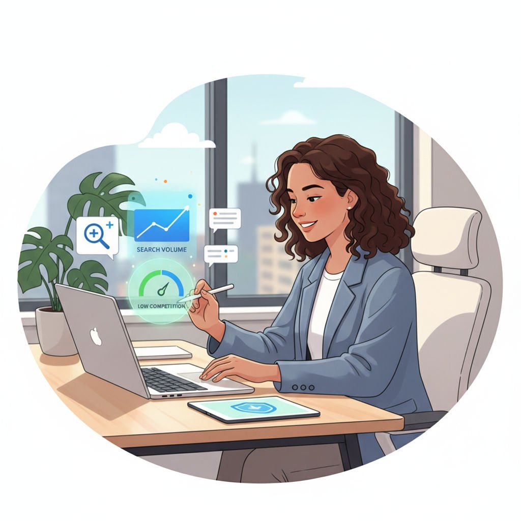 A small business owner reviewing keyword analytics on a laptop, highlighting search volume and competition levels.