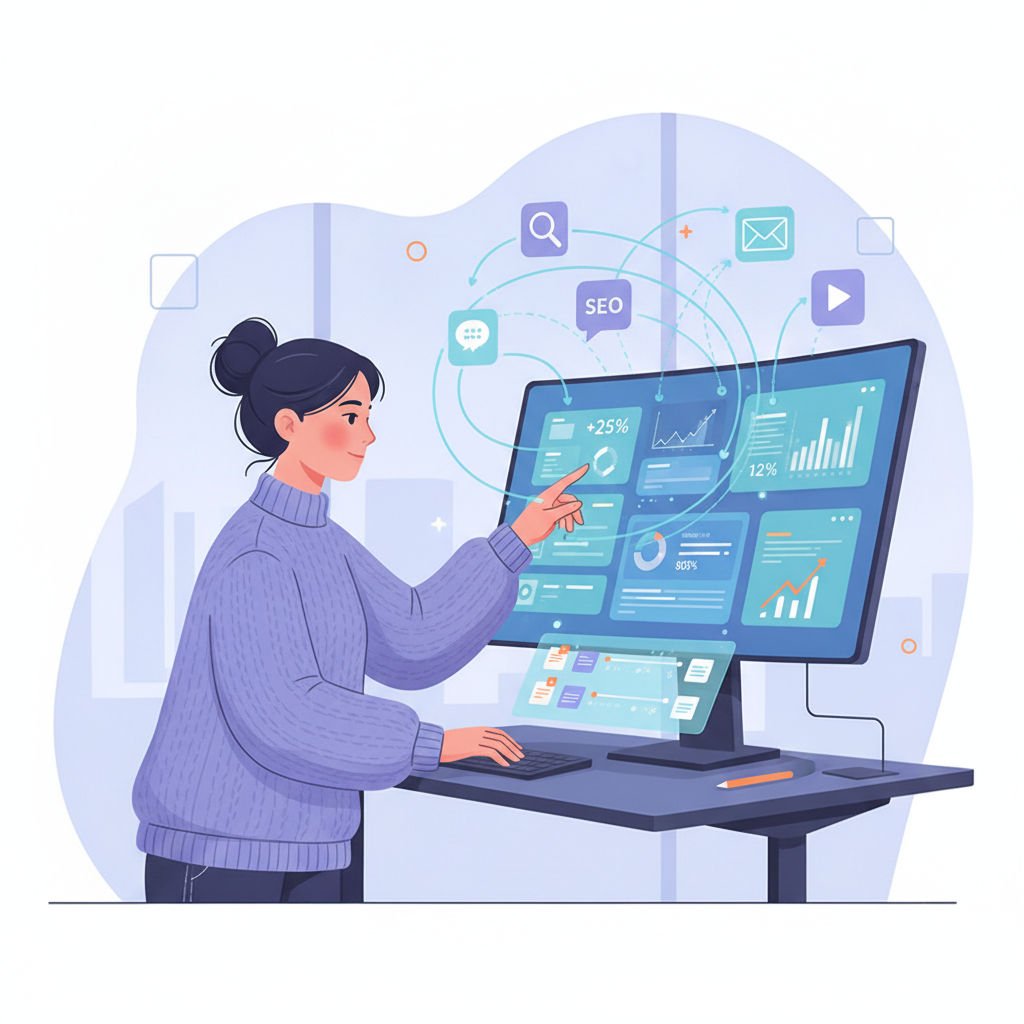 A solopreneur efficiently managing and scheduling marketing content across various digital platforms, with data analytics overlays.