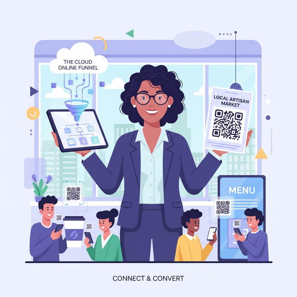 A small business owner deploying QR codes on marketing materials with customers interacting through mobile devices in a modern, professional environment.