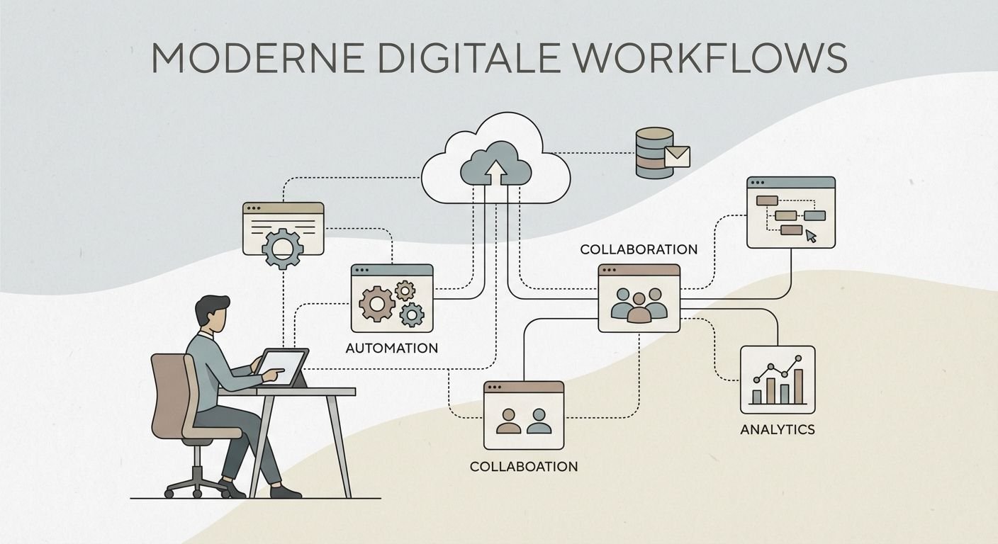 Illustration moderner digitaler Arbeitsabläufe zur Optimierung von Online-Sichtbarkeit und SEO-Strategien in KMU