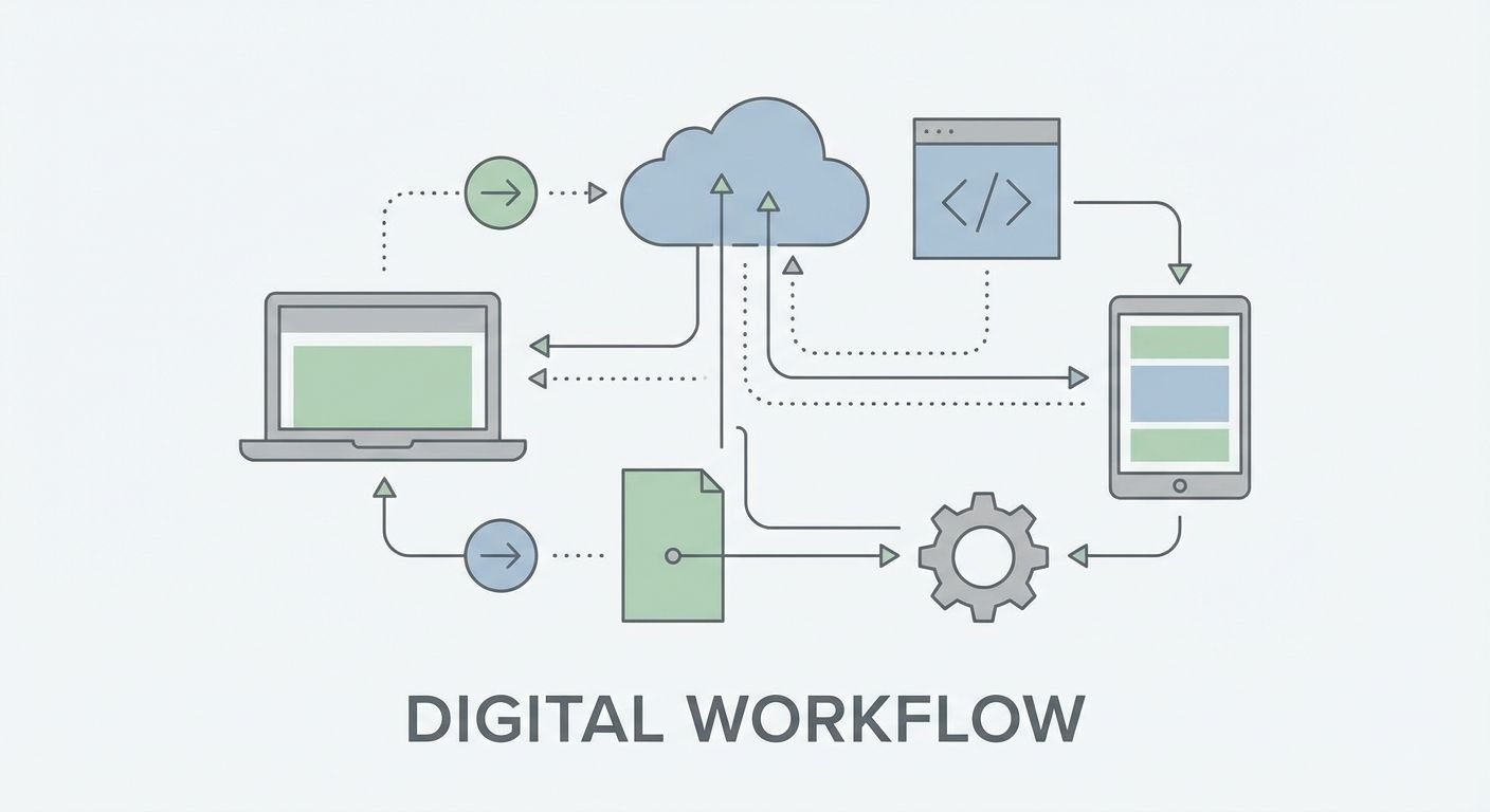 Illustration moderner digitaler Workflow mit QR-Codes und Datenanalyse im Marketingkontext