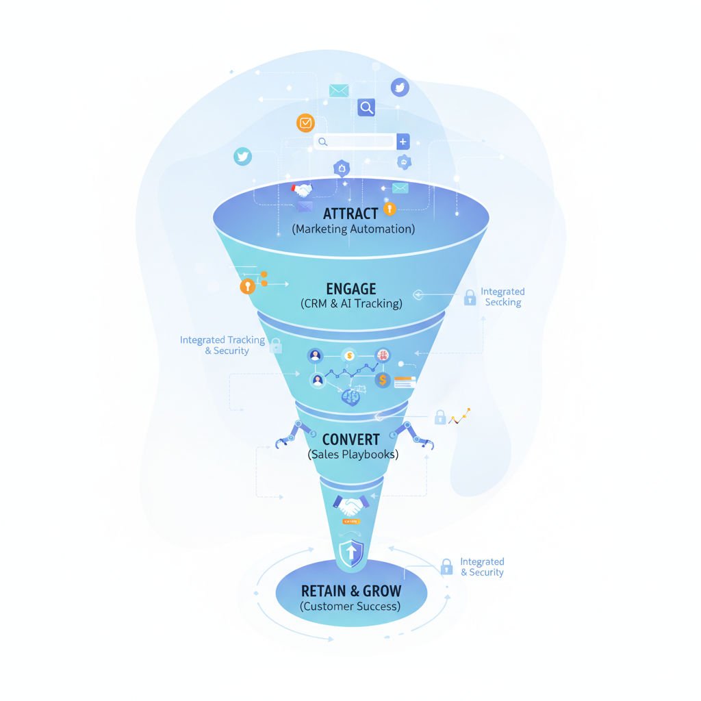 Illustration of a clear, streamlined sales funnel with automation and tracking elements guiding leads through stages visually
