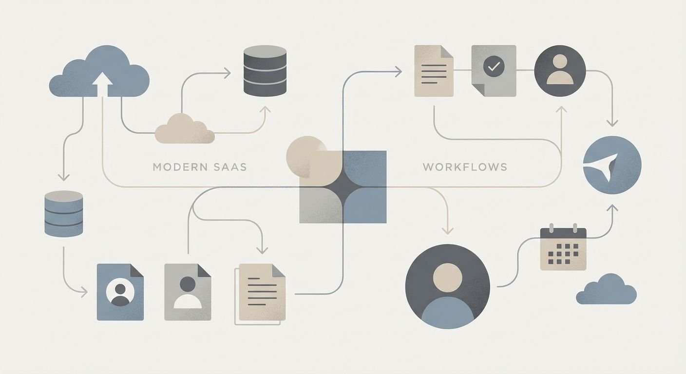 Illustration eines digitalen Workflows für automatisierte SEO-Optimierung in einem kleinen Unternehmen, mit graphischen Elementen zur Zusammenarbeit und Analyse.