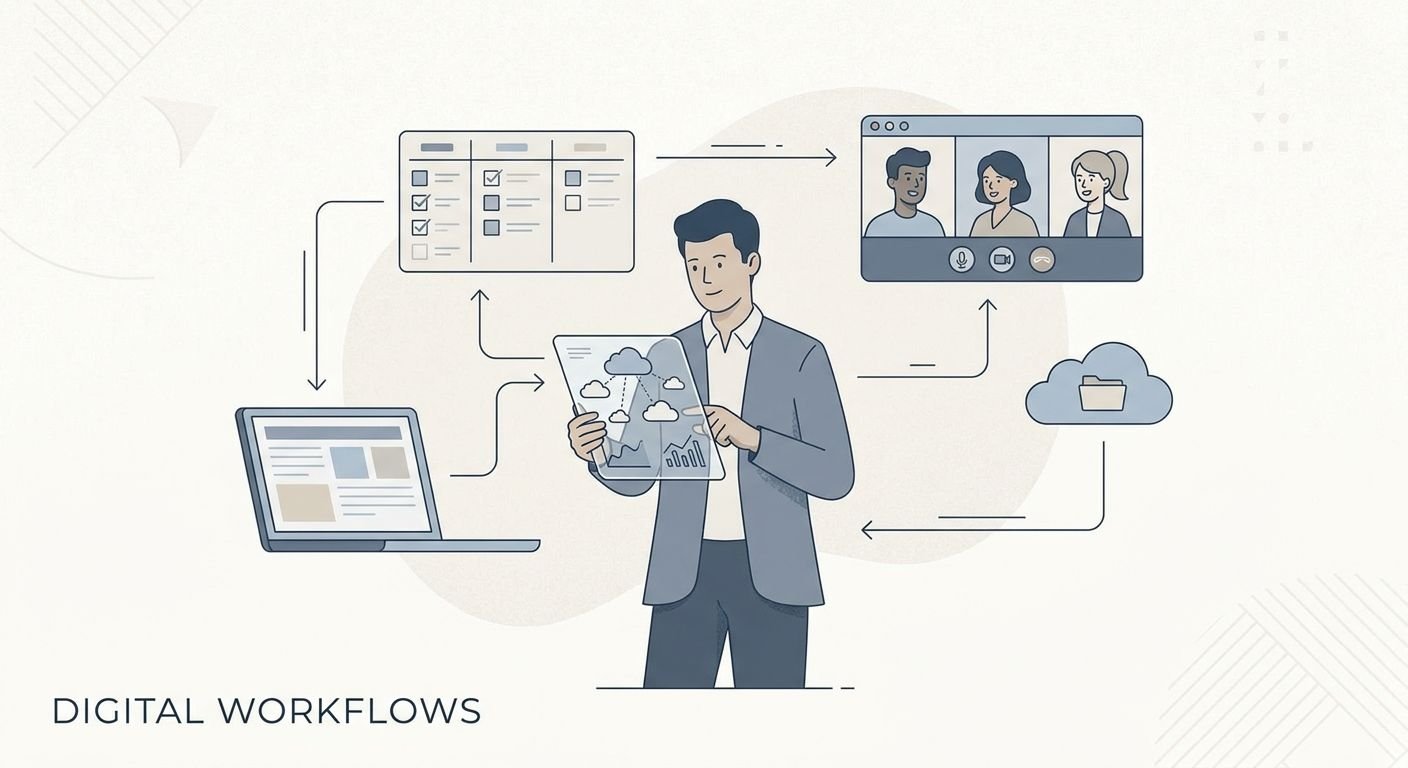Illustration zeigt digitale Arbeitsabläufe mit Rechnungen, Zahlungen und Kundenverwaltung in einem modernen Büro.