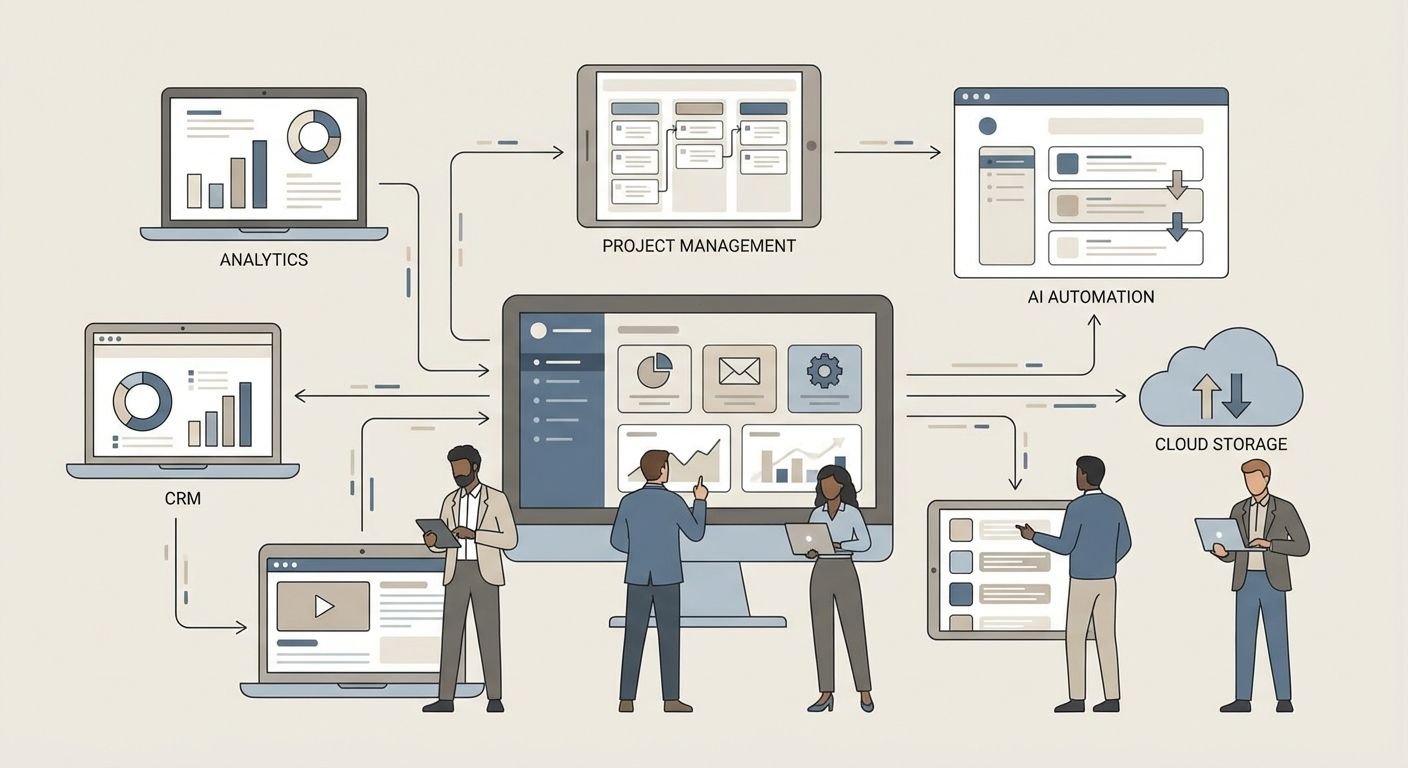 Abstrakte Illustration eines modernen digitalen Workflows mit Fokus auf Keyword-Analyse und Online-Sichtbarkeit.