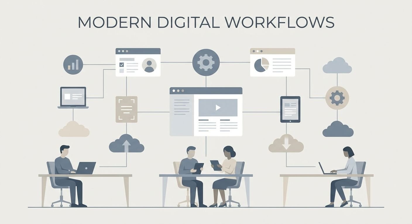 Illustration eines digitalen Workflows mit einem KI-Chatbot, der automatisiert Leads generiert und Nutzerinteraktionen steuert.