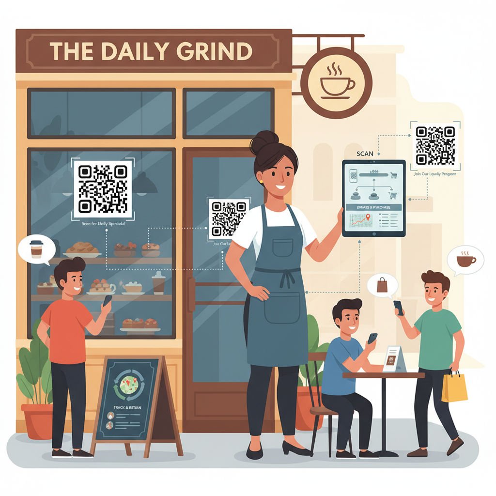 A small business owner managing QR code marketing funnels, with customers scanning codes and digital engagement tracking displayed.