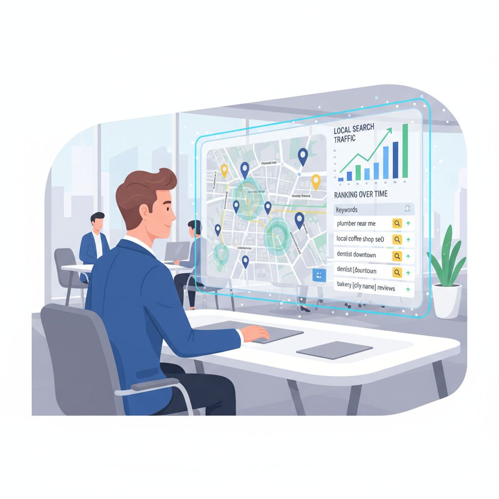 A business owner reviews local SEO keyword data on a digital dashboard with maps and charts in a professional office environment.
