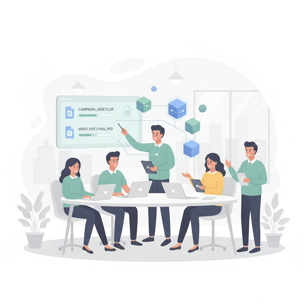 A diverse marketing team collaborating on digital devices, exchanging large files efficiently in a modern office setting.