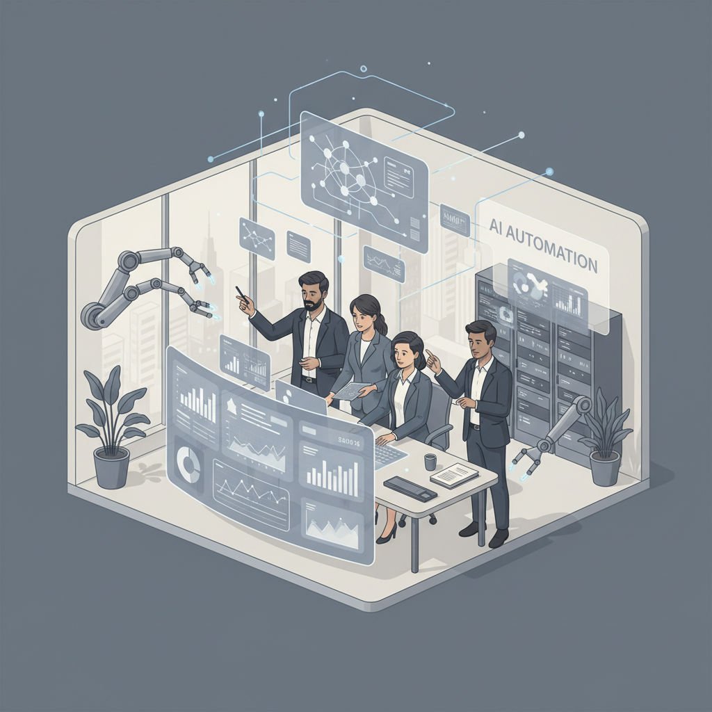 A team collaborates in a modern office, reviewing digital marketing insights with AI automation visualized on screens.