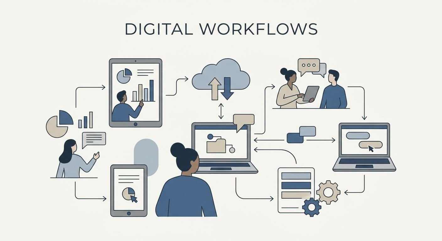 Illustration zeigt digitale Arbeitsabläufe mit mehreren Kommunikationskanälen, Kollaboration und zentraler Steuerung.