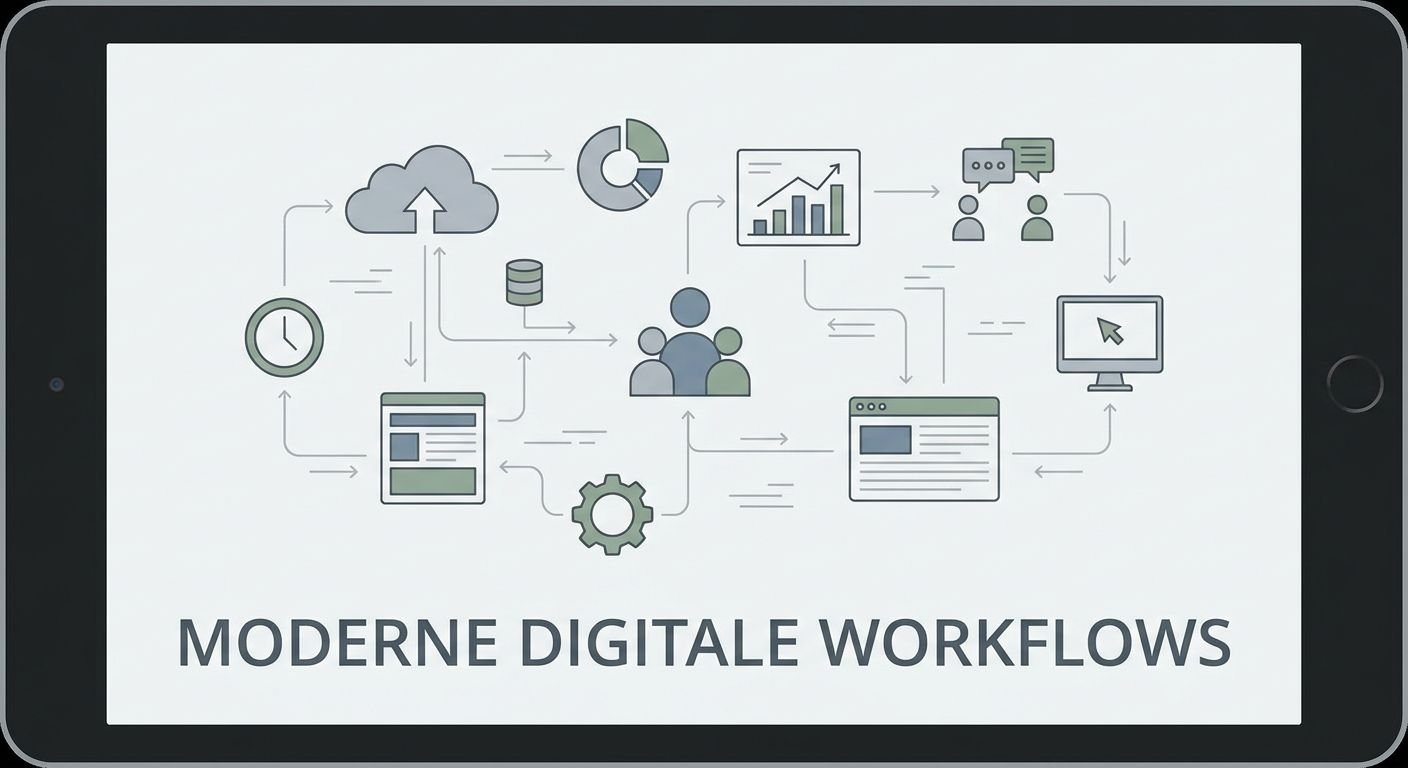 Illustration zeigt moderne digitale Arbeitsabläufe im Kundenservice mit Zusammenarbeit und Integration verschiedener Kanäle.