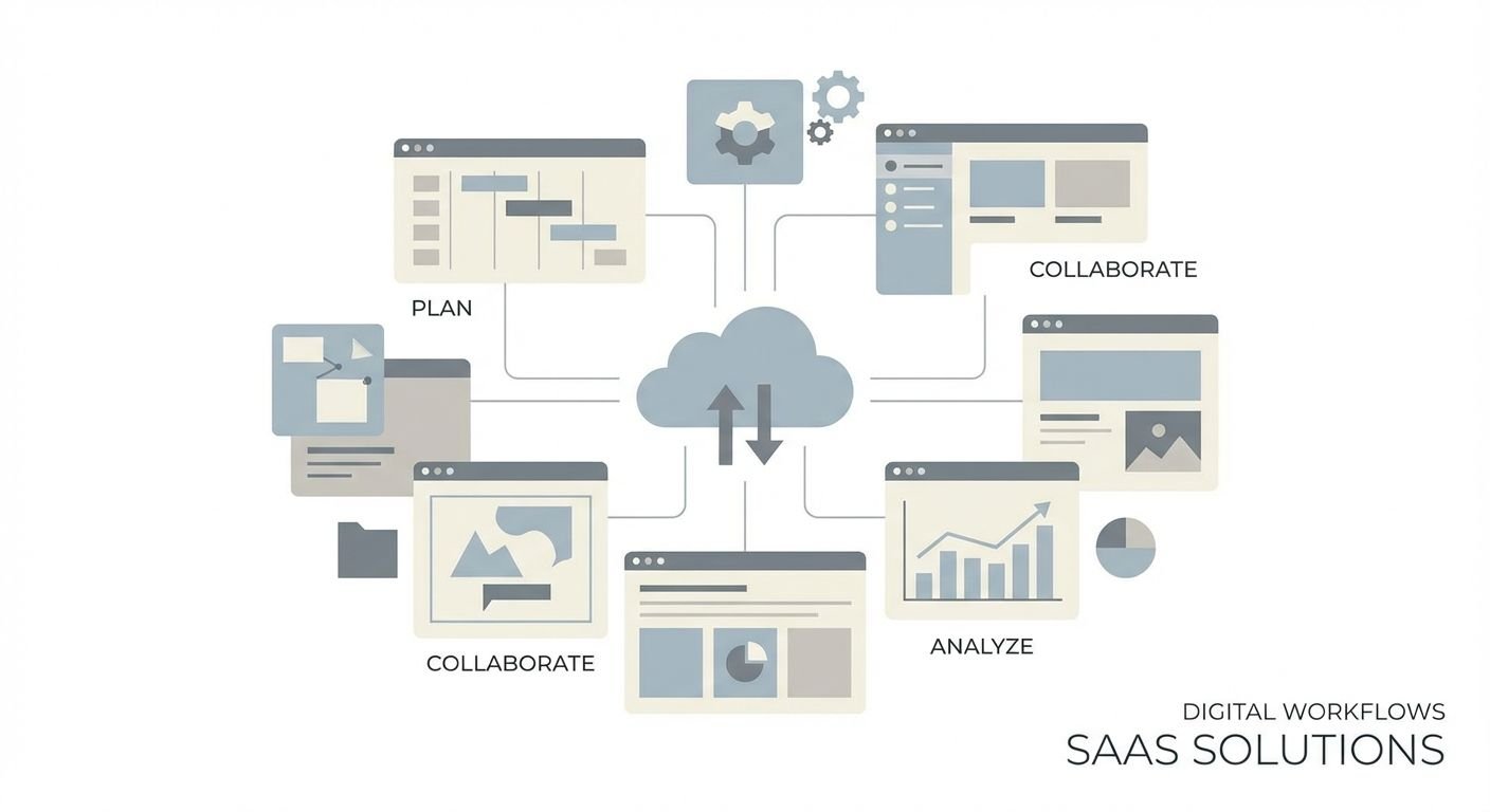 Illustration zeigt einen strukturierten digitalen Workflow mit Fokus auf Keyword-Analyse und Content-Erstellung zur Effizienzsteigerung im Marketing.
