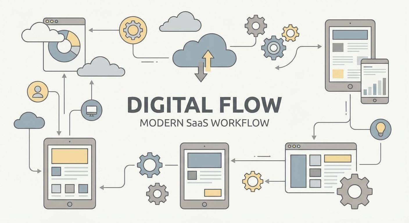 Illustration zeigt ein modernes, digitales Dashboard mit automatisierten Marketingprozessen und Teamzusammenarbeit