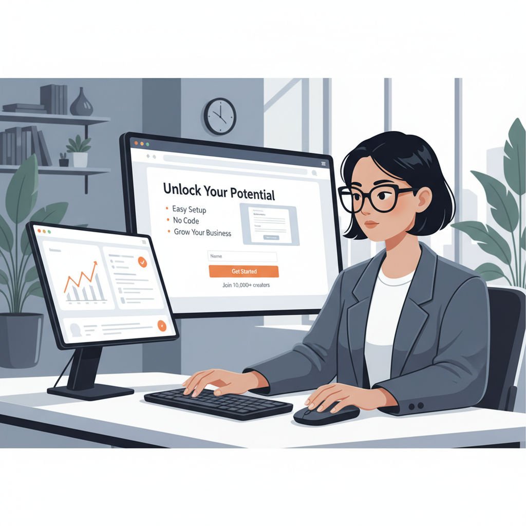 A solopreneur at a desk creating and managing a clean, focused static webpage designed for capturing leads.