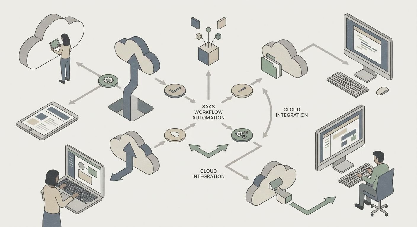 Illustration zeigt moderne digitale Arbeitsabläufe mit zentraler Dateiablage und Zusammenarbeit in Teams.