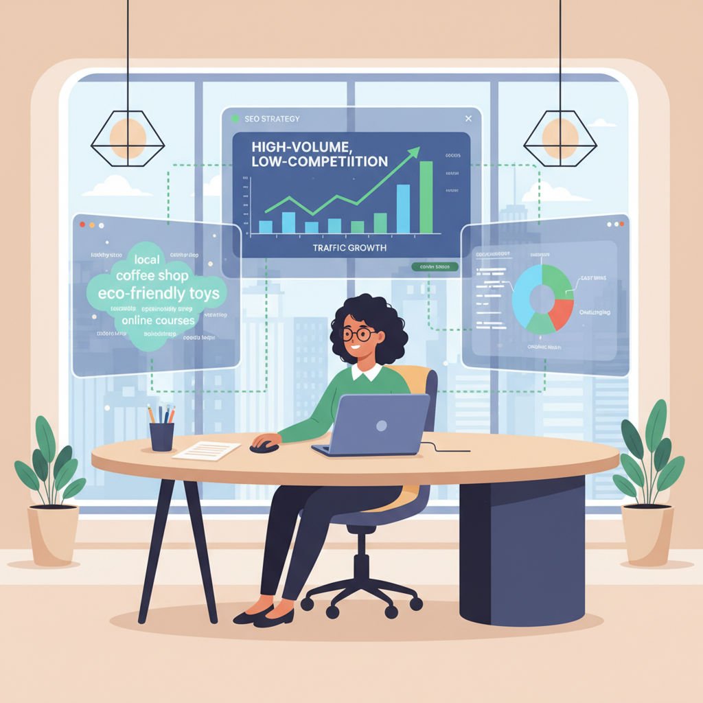 A business owner reviewing keyword analytics on screens with charts emphasizing keyword volume and competition levels in an office environment.