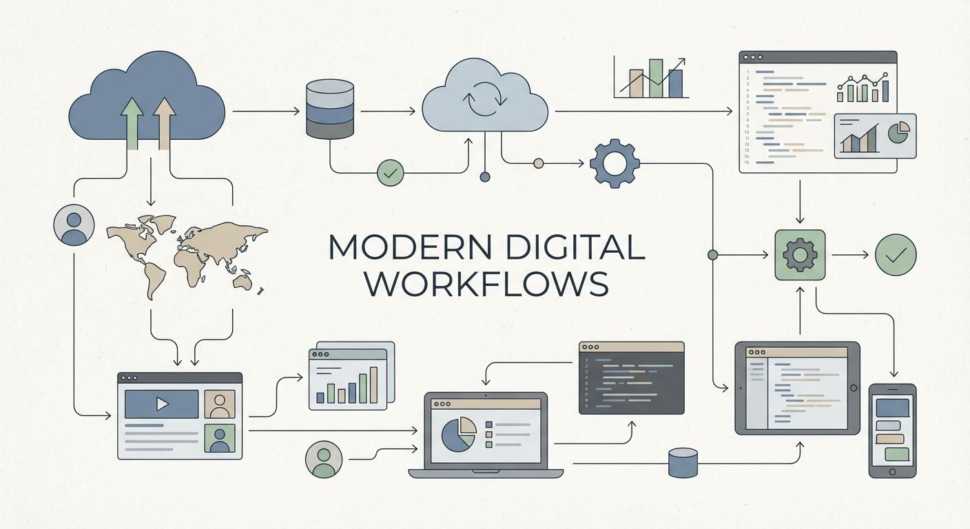 Illustration eines modernen digitalen Marketing-Workflows mit QR-Codes und automatisierter Leadverfolgung in einem Teamkontext