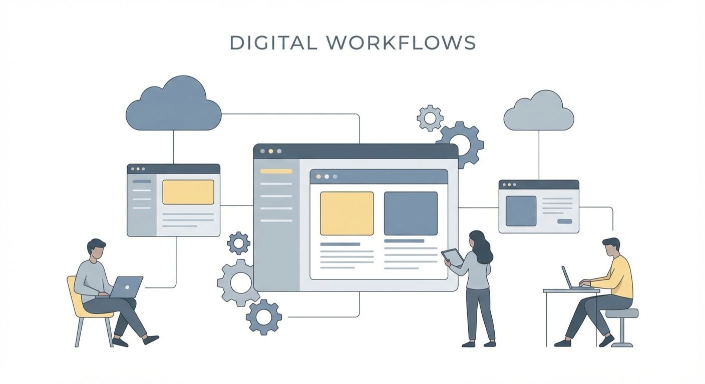 Illustration zeigt digitale Arbeitsabläufe zur lokalen SEO-Optimierung in einem Unternehmen.