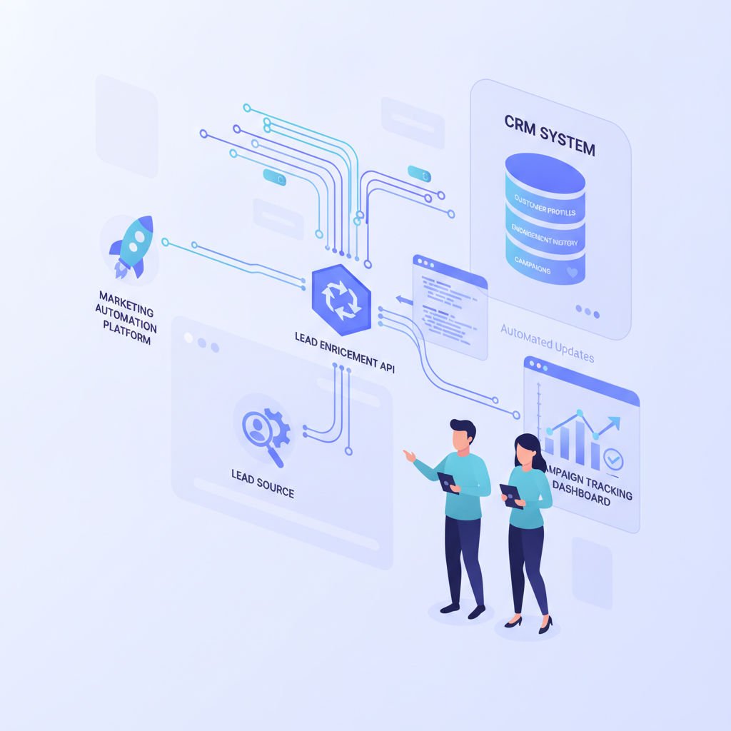 Illustration showing a small business team using API technology to connect marketing platforms and CRM with automated lead enrichment and campaign tracking.