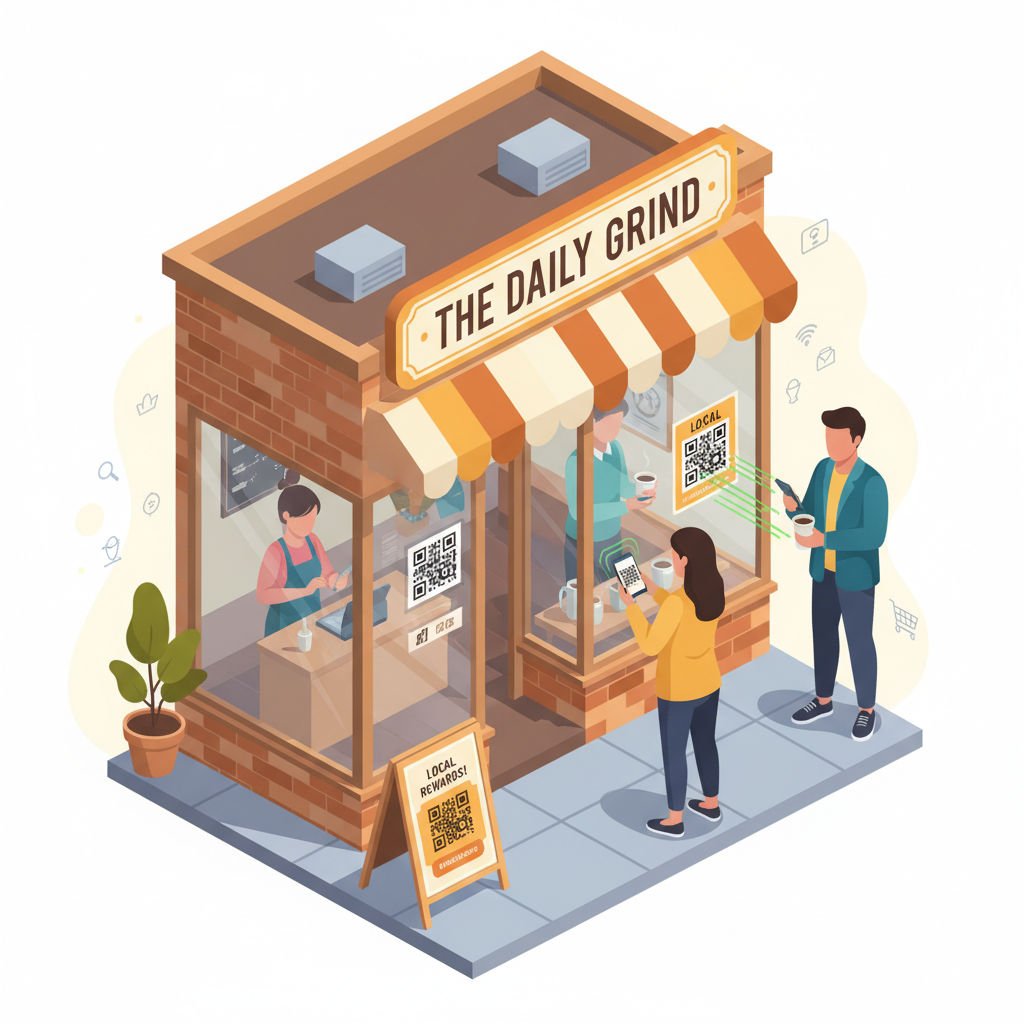 Illustration depicts customers scanning QR codes at a small business storefront, showing interaction between offline marketing and digital engagement.