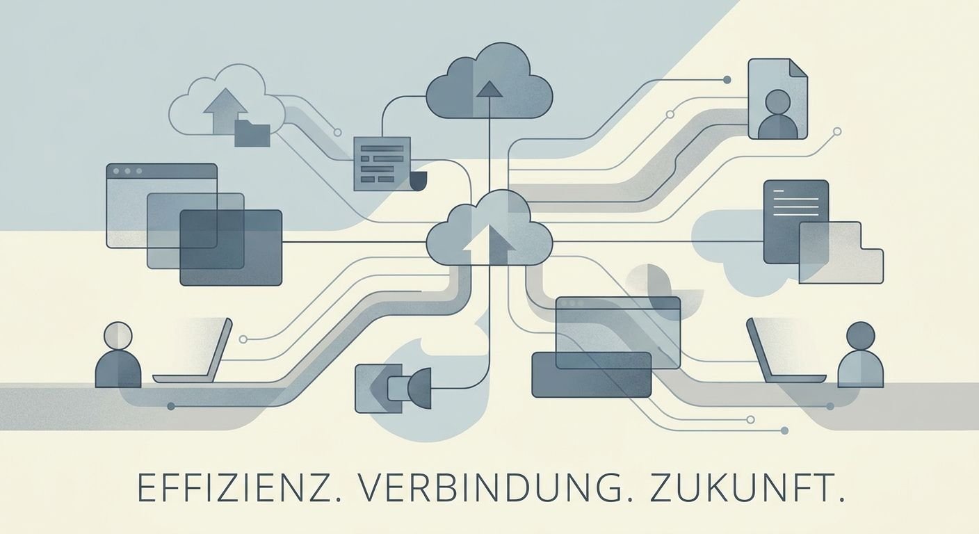 Illustration zeigt einen digitalen Workflow mit Kanälen und vernetzten Inhalten, symbolisiert effiziente Zusammenarbeit und Struktur