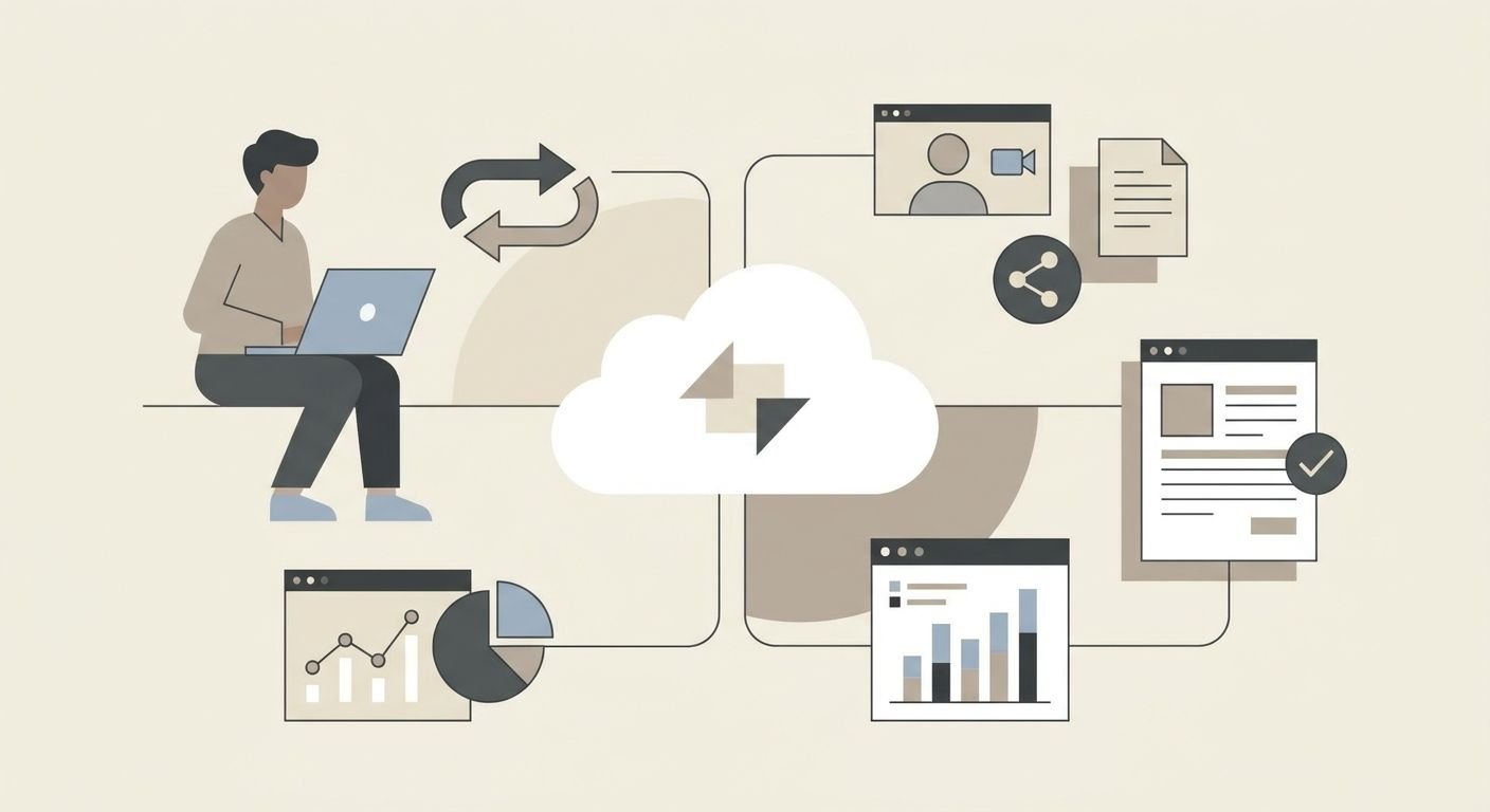 Illustration zeigt einen strukturierten, klaren digitalen Workflow mit Fokus auf Lead-Generierung über statische Webseiten.