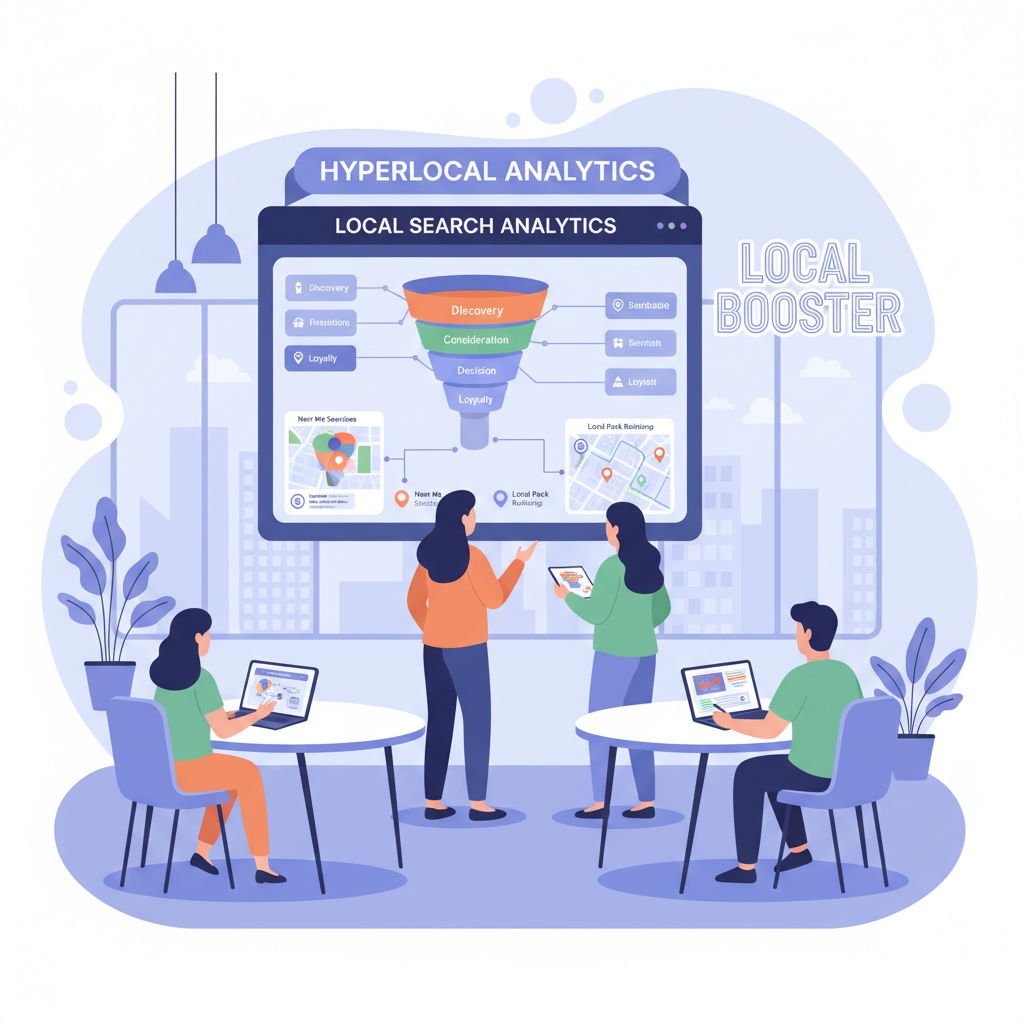 A local business marketing team reviews digital keyword funnel charts and local maps in an office setting, strategizing SEO.
