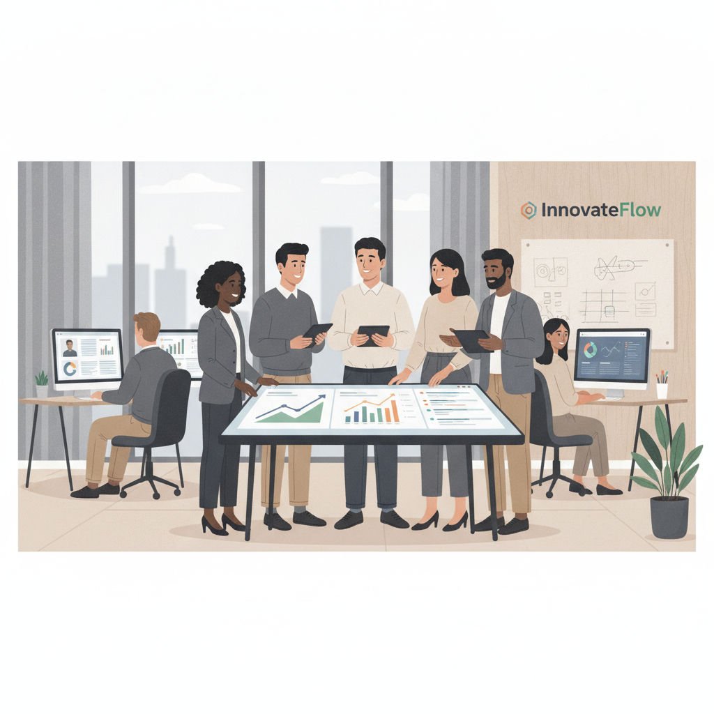 A small business team collaborates around digital project management tools with visual charts and timelines in a modern office setting.