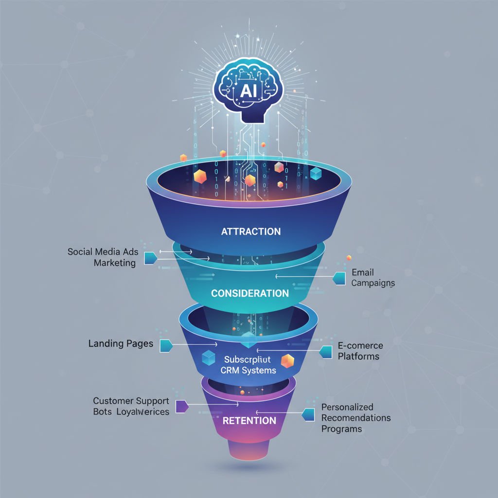 An illustration showing a digital marketing funnel with AI-powered data flows connecting various customer engagement points.