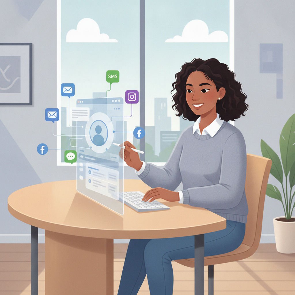 A business owner uses a single digital dashboard to handle diverse customer messages from email, SMS, and social media channels efficiently.