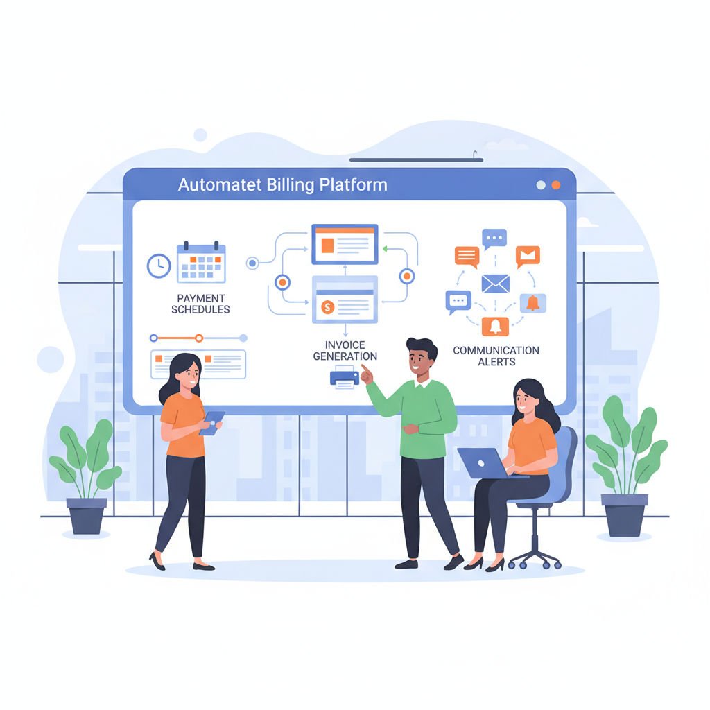 A small business team collaborates using automated billing software, with workflow and payment status graphics displayed in the background.