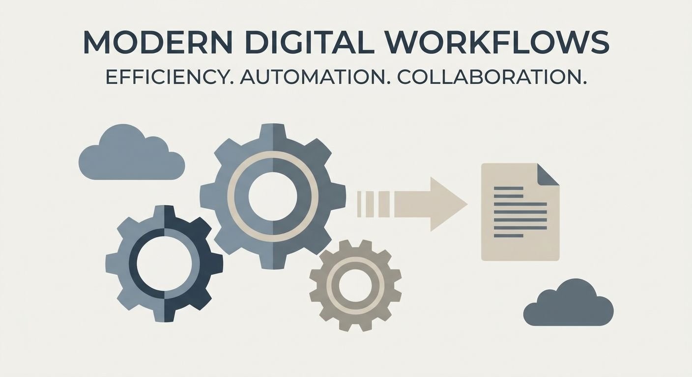 Illustration moderner digitaler Workflows, die Automatisierung und Zusammenarbeit im Vertrieb zeigen.
