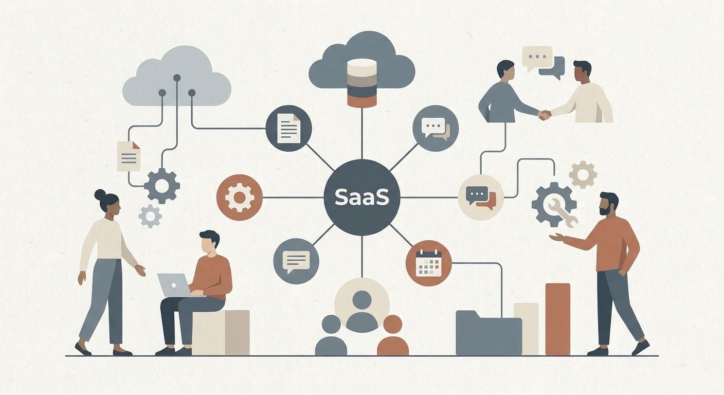 Illustration zeigt einen strukturierten digitalen Workflow mit Teamzusammenarbeit und Echtzeit-Datenvisualisierung.