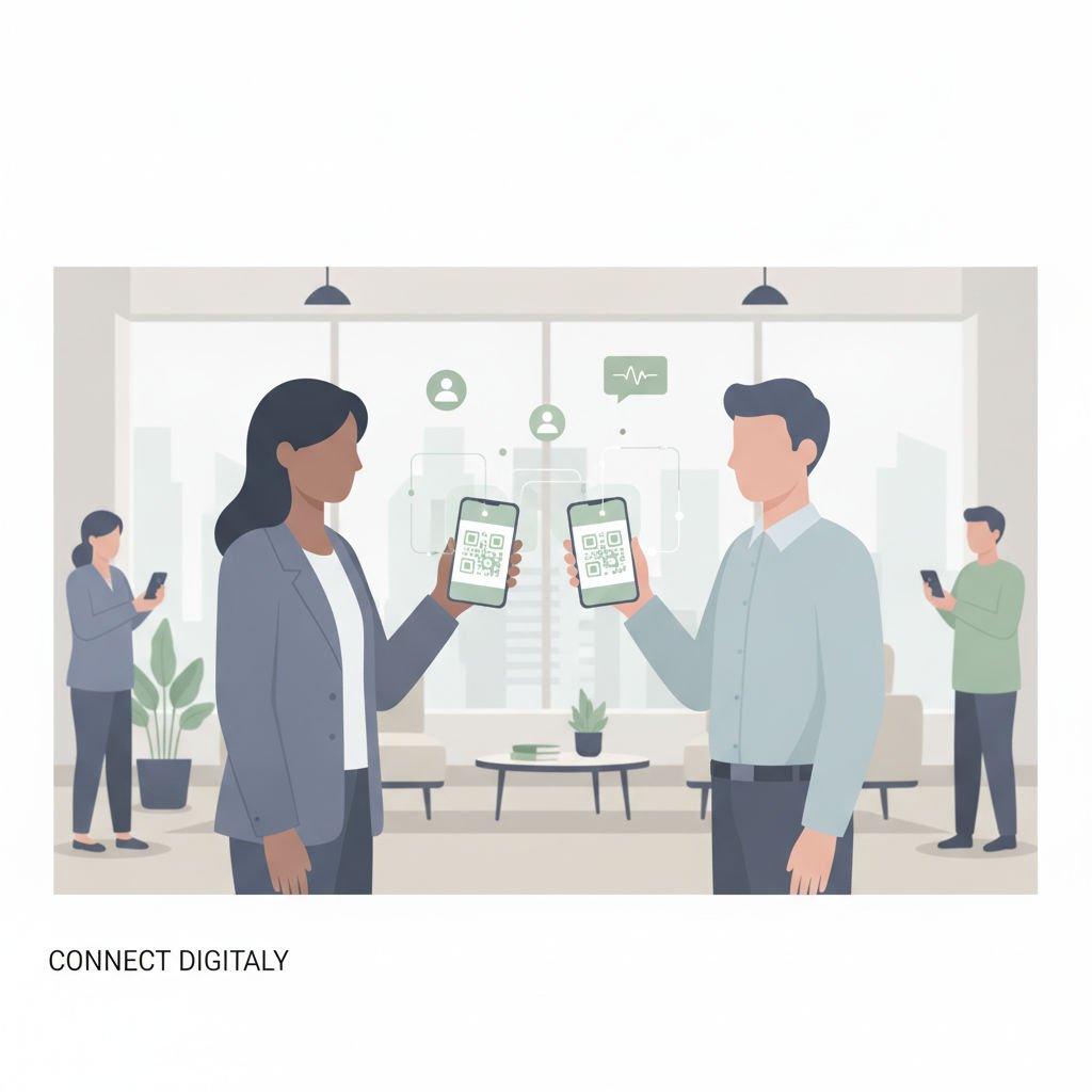 Professionals exchanging digital business cards using smartphones to scan QR codes in a networking setting