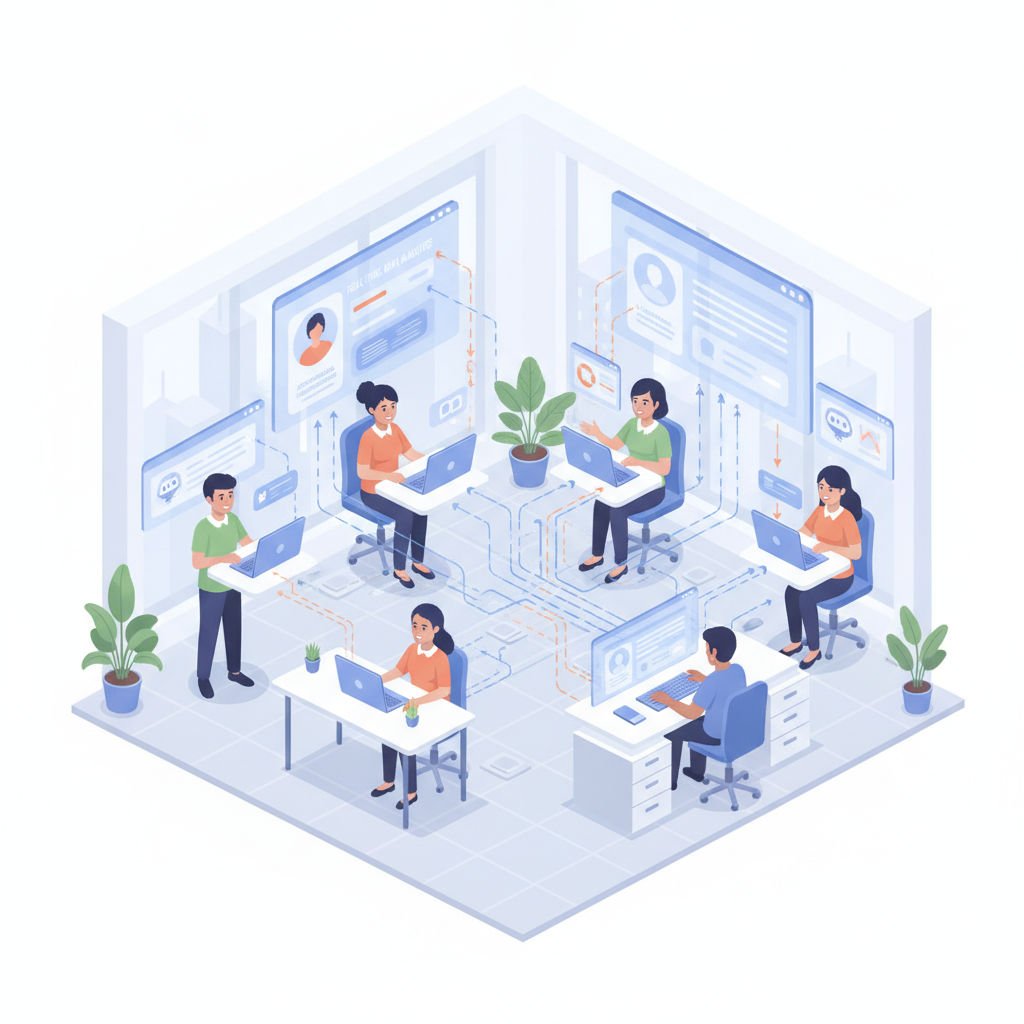 A small business support team uses integrated automated systems on laptops and tablets to manage customer interactions efficiently, highlighting seamless data flow and personalized service.