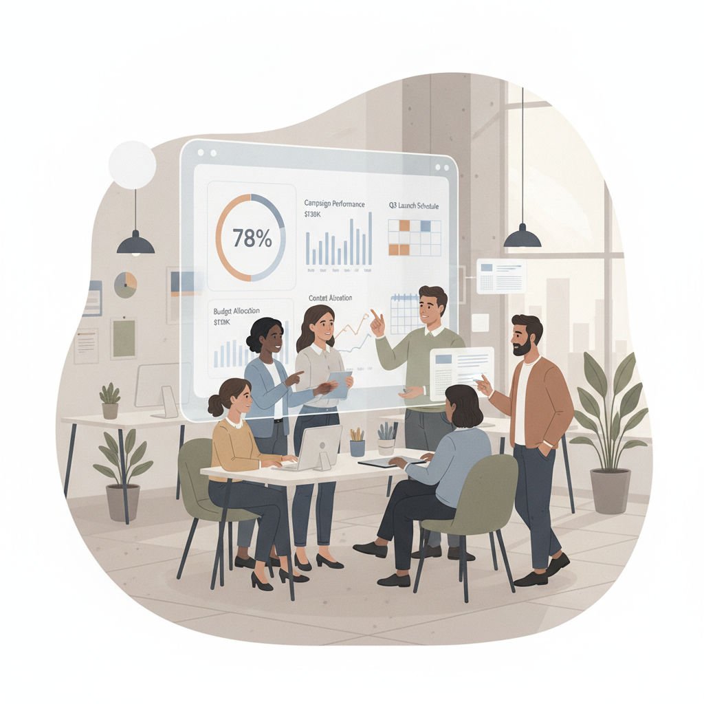 A marketing team collaborates around a digital dashboard tracking campaign metrics and budgets in a modern office setting.