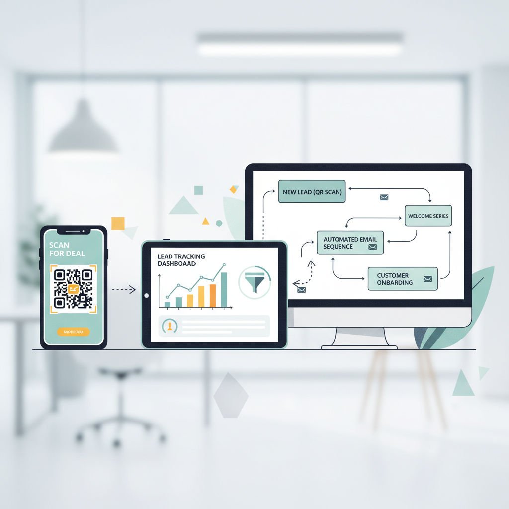 Illustration showing a small business owner using QR codes to track marketing results and automate customer follow-up.