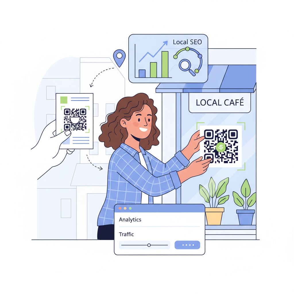 Illustration of a small business owner placing QR codes on storefront and flyers with digital analytics graphs in the background.