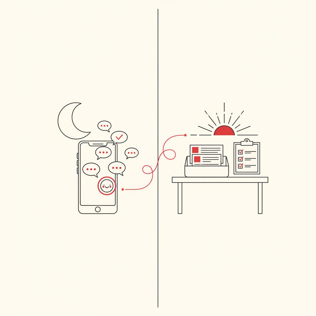 Night-to-morning illustration of a chatbot for after hours leads answering a phone chat and passing it to a morning inbox