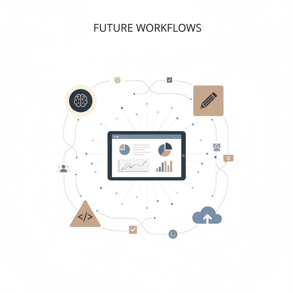 Illustration eines digitalen Arbeitsablaufs mit QR-Codes, Kundeninteraktion und lokalen Marketingprozessen