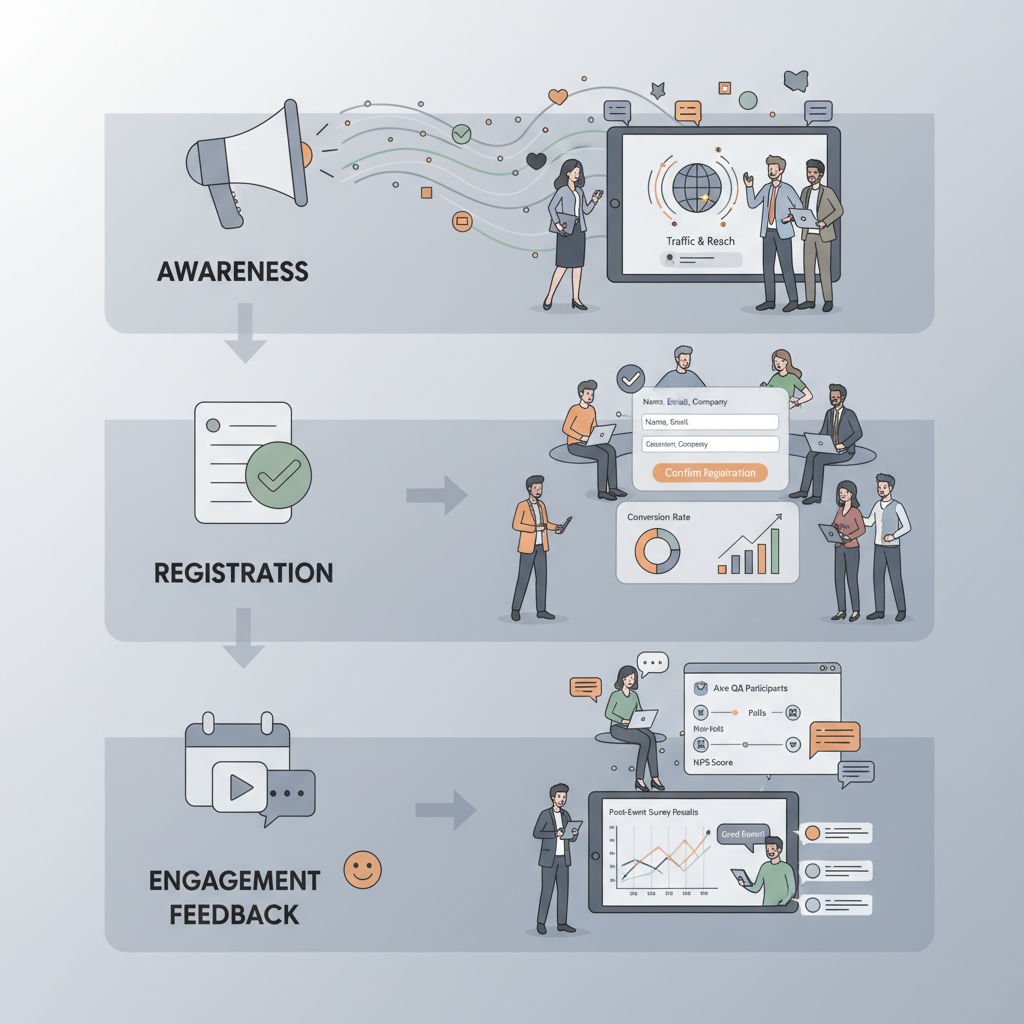Illustration of professionals managing an event marketing funnel displayed on digital screens, highlighting stages from registration to engagement and feedback.