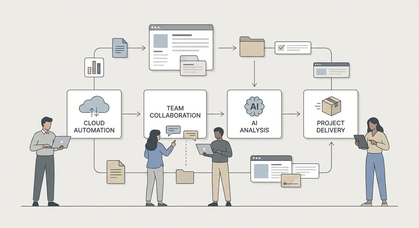 Illustration eines modernen digitalen Workflows mit Teams, die Dateien effizient und transparent austauschen in einer neutral gestalteten Umgebung.