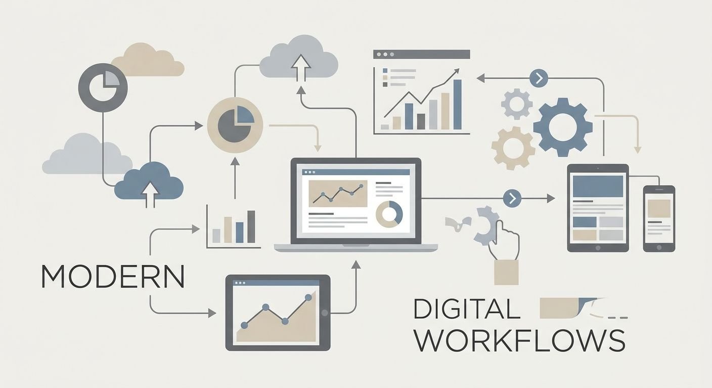 Illustration moderner digitaler Arbeitsprozesse mit Teamzusammenarbeit und Projektübersicht