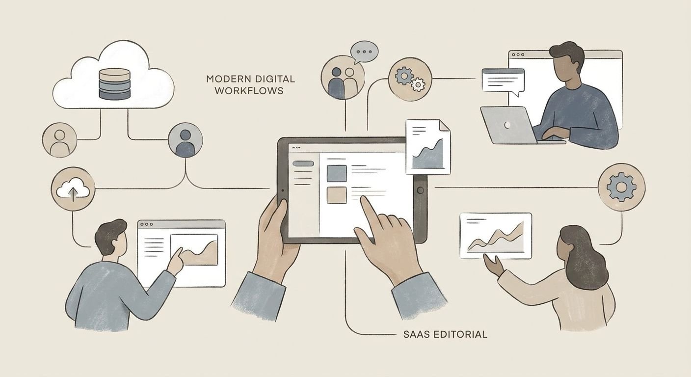 Illustration eines digitalen Arbeitsablaufs mit QR-Codes und Vernetzung von Kontakten in einem modernen Büro.