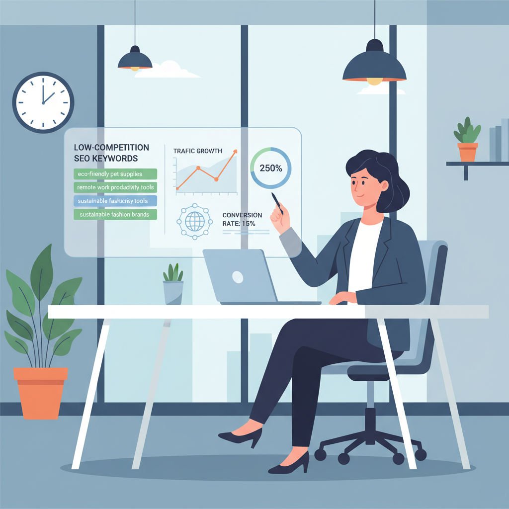 A business owner examining digital SEO keyword data and charts in a professional workspace.