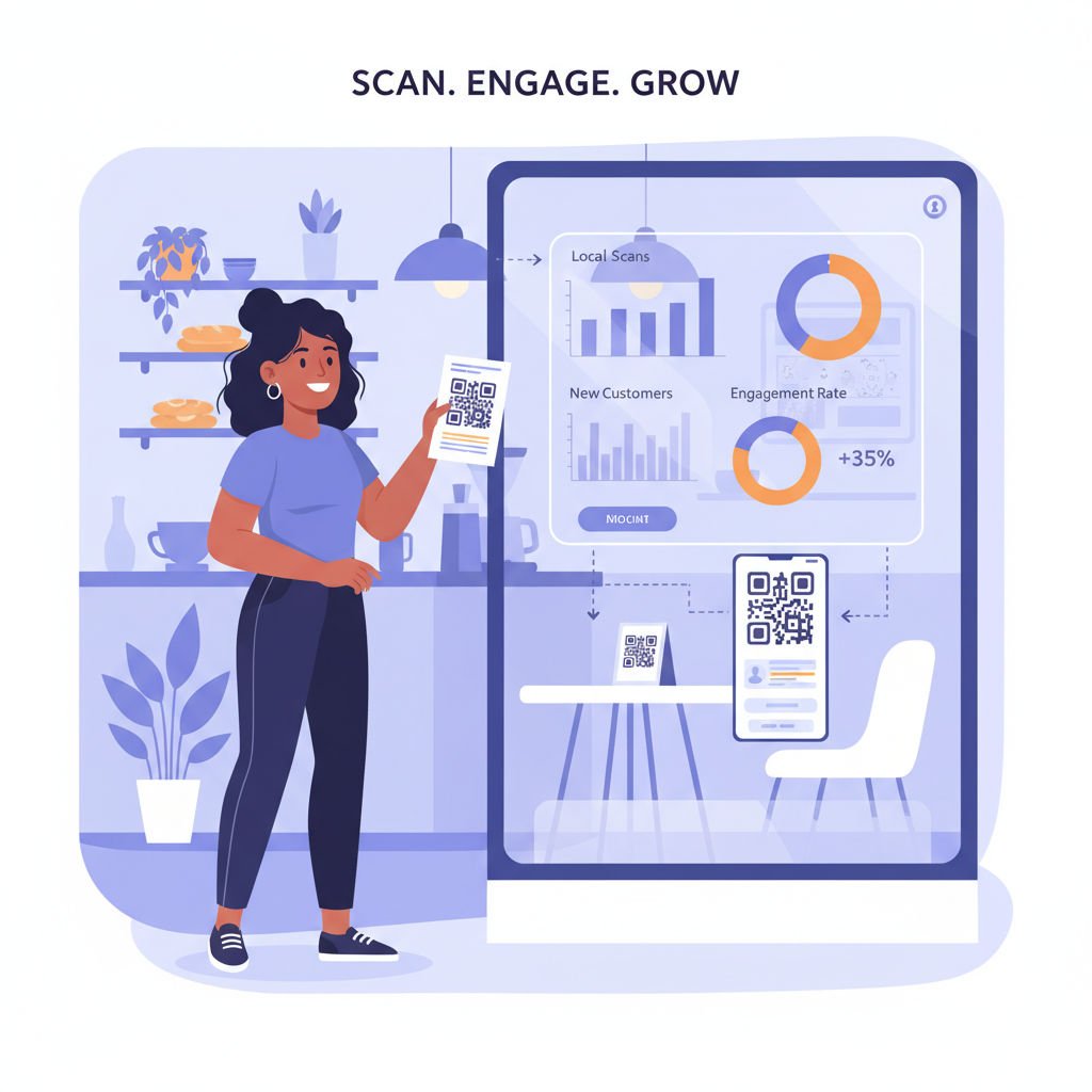 Small business owner applying QR codes to marketing materials while monitoring digital analytics trends on a nearby screen.