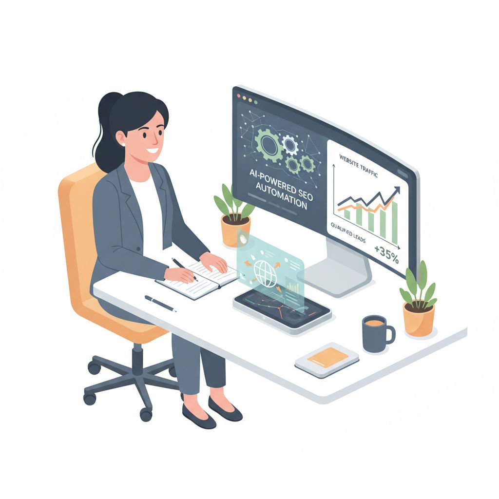 A small business owner works with AI-powered SEO tools displaying growth charts and key SEO metrics in a modern office setting.