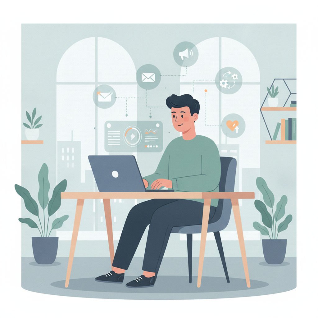 A solopreneur working on a laptop with visualized automated marketing workflows around them representing lead capture and nurturing.